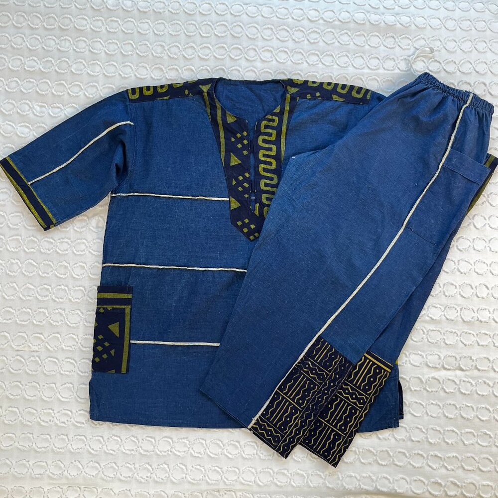 Traditional African Dashiki Shirt & Pants Set Blue Geometric Pattern